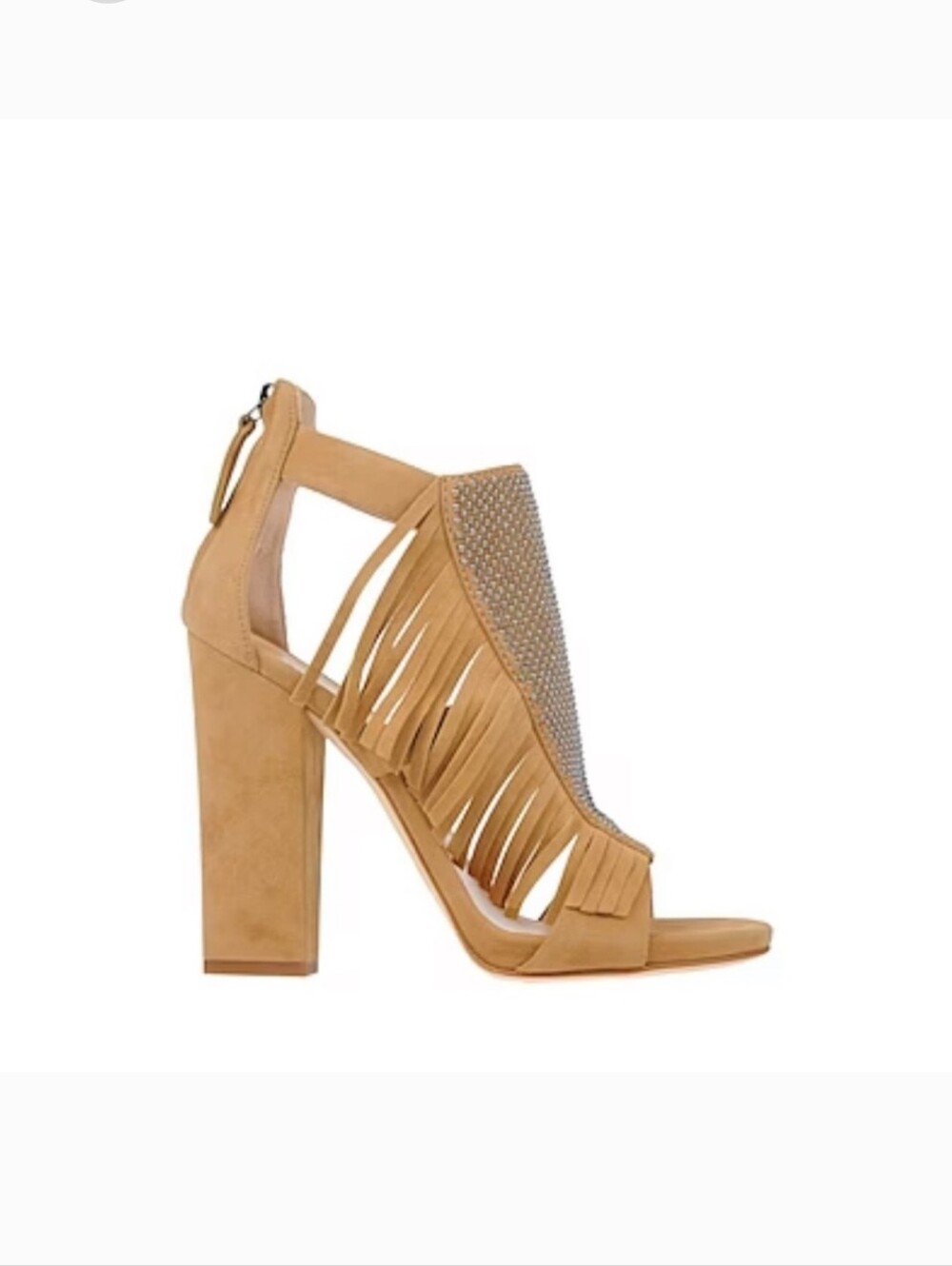 Giuseppe Zanotti Camel Suede Fringe Sandal with Crystal Front